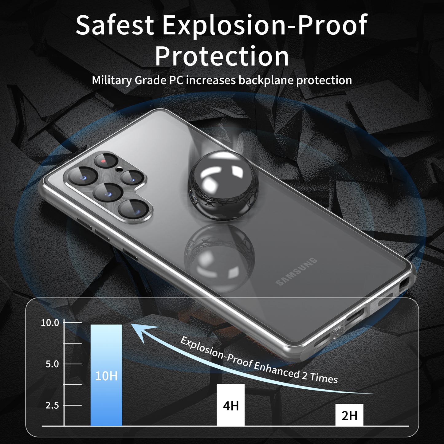For Samsung Galaxy S23 Ultra Anti-peep Single-Sided Tempered Glass+PC Panel Anti-scratch Phone Cover with Safety Buckle and Magnetic Adsorption Metal Frame