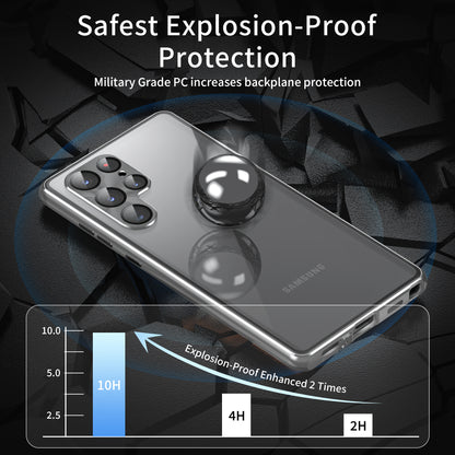 For Samsung Galaxy S23 Ultra Anti-peep Single-Sided Tempered Glass+PC Panel Anti-scratch Phone Cover with Safety Buckle and Magnetic Adsorption Metal Frame
