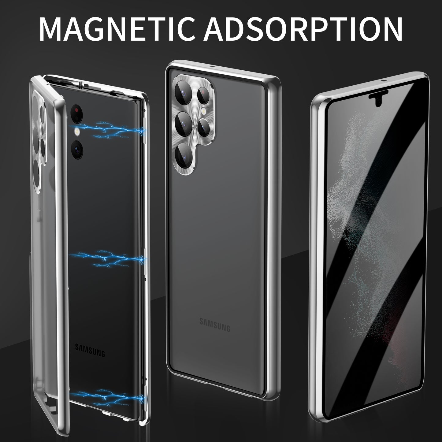 For Samsung Galaxy S23 Ultra Anti-peep Single-Sided Tempered Glass+PC Panel Anti-scratch Phone Cover with Safety Buckle and Magnetic Adsorption Metal Frame