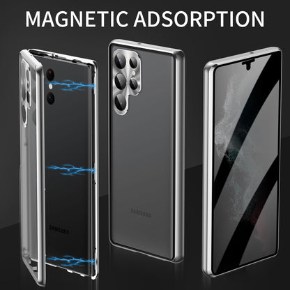 For Samsung Galaxy S23 Ultra Anti-peep Single-Sided Tempered Glass+PC Panel Anti-scratch Phone Cover with Safety Buckle and Magnetic Adsorption Metal Frame