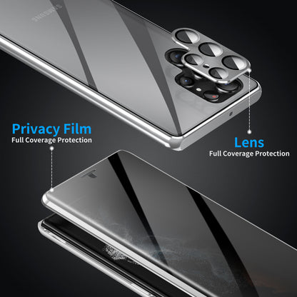 For Samsung Galaxy S23 Ultra Anti-peep Single-Sided Tempered Glass+PC Panel Anti-scratch Phone Cover with Safety Buckle and Magnetic Adsorption Metal Frame