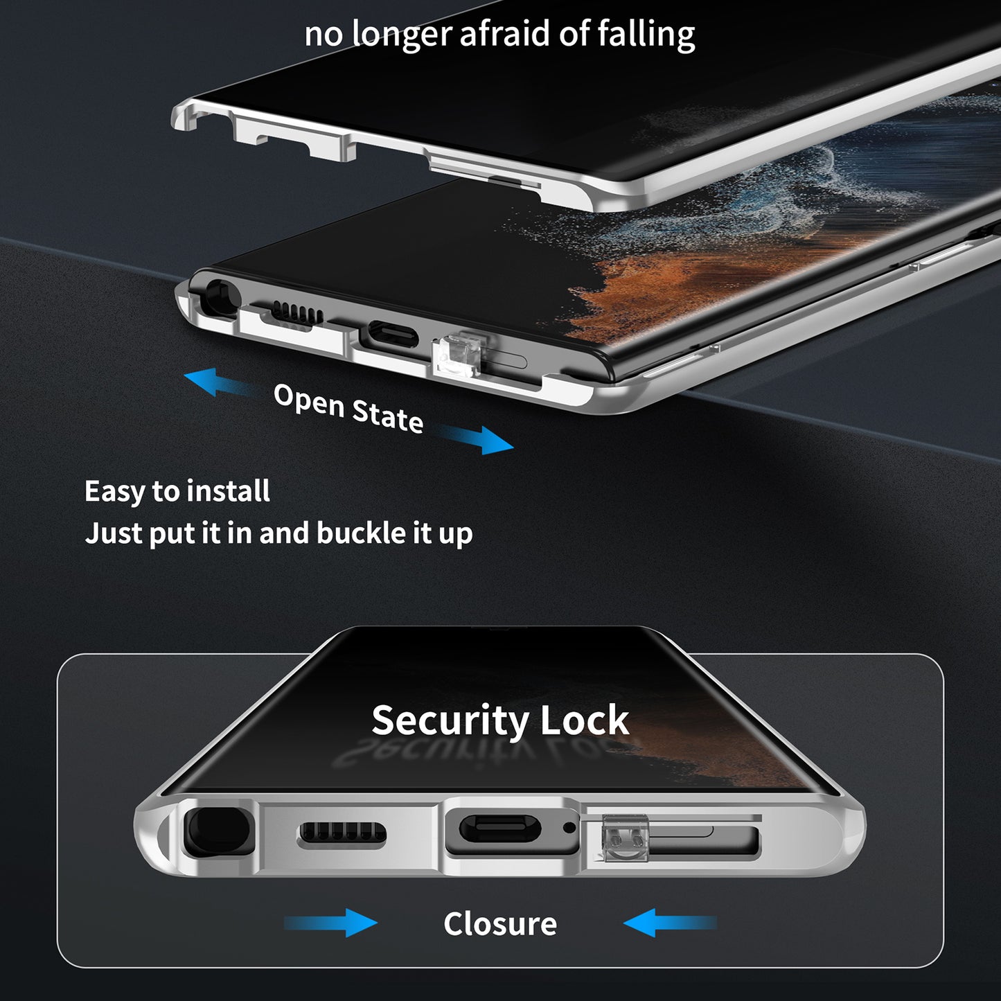 For Samsung Galaxy S23 Ultra Anti-peep Single-Sided Tempered Glass+PC Panel Anti-scratch Phone Cover with Safety Buckle and Magnetic Adsorption Metal Frame