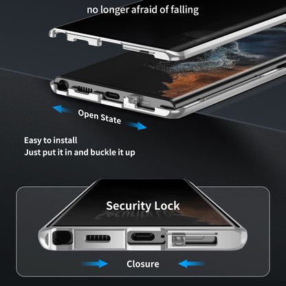 For Samsung Galaxy S23 Ultra Anti-peep Single-Sided Tempered Glass+PC Panel Anti-scratch Phone Cover with Safety Buckle and Magnetic Adsorption Metal Frame
