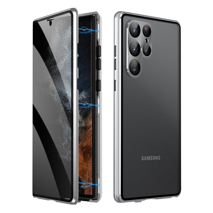 For Samsung Galaxy S23 Ultra Anti-peep Single-Sided Tempered Glass+PC Panel Anti-scratch Phone Cover with Safety Buckle and Magnetic Adsorption Metal Frame