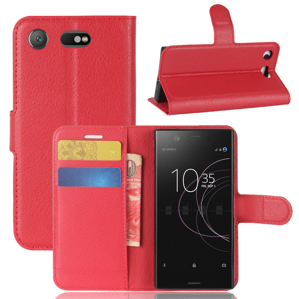 Litchi Grain Card Slots Leather Protective Flip Case Cover for Sony Xperia XZ1 Compact Wallet Stand Phone Case