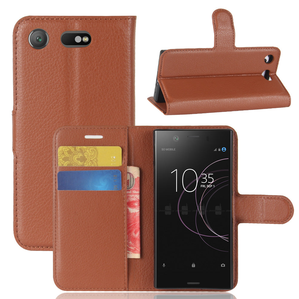 Litchi Grain Card Slots Leather Protective Flip Case Cover for Sony Xperia XZ1 Compact Wallet Stand Phone Case