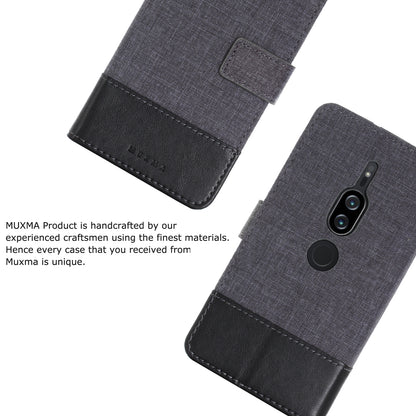 MUXMA PU Leather Canvas Splicing Wallet Stand Case for Sony Xperia XZ2 Premium