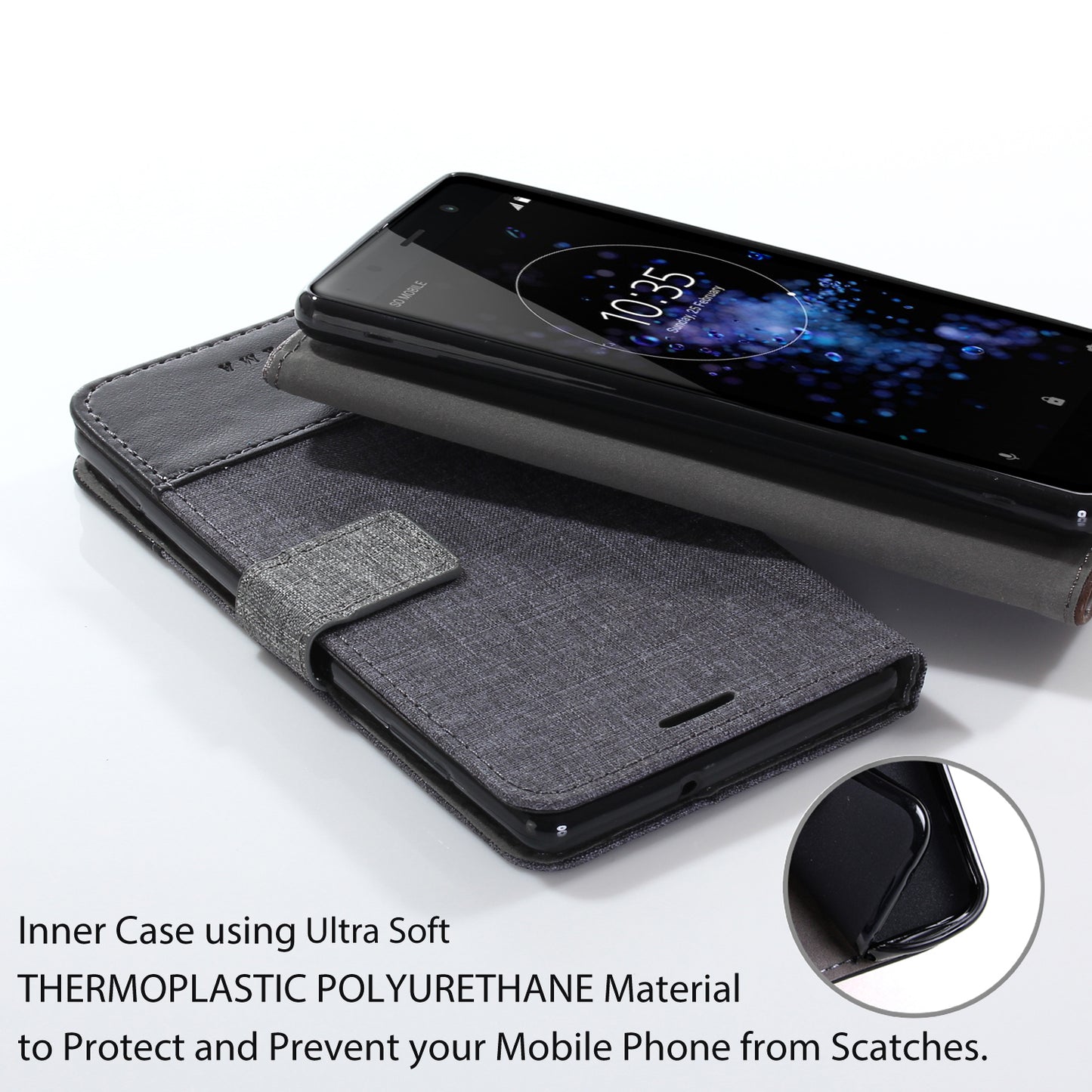 MUXMA PU Leather Canvas Splicing Wallet Stand Case for Sony Xperia XZ2 Premium