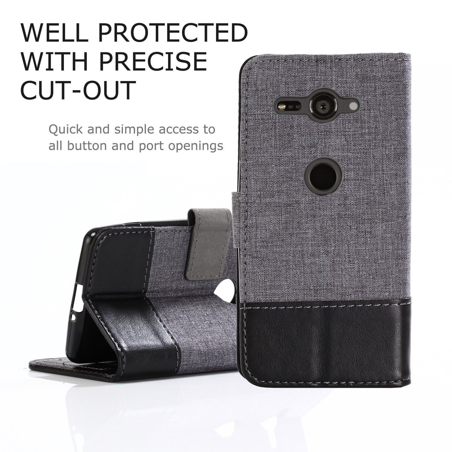 MUXMA for Sony Xperia XZ2 Compact Splicing PU Leather Canvas Wallet Stand Shell