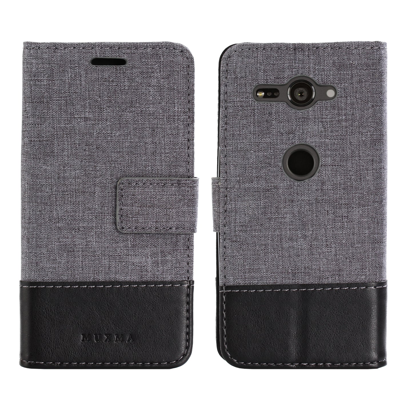 MUXMA for Sony Xperia XZ2 Compact Splicing PU Leather Canvas Wallet Stand Shell