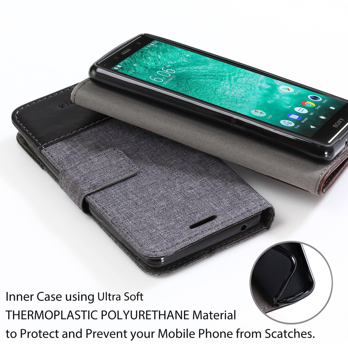MUXMA for Sony Xperia XZ2 Compact Splicing PU Leather Canvas Wallet Stand Shell