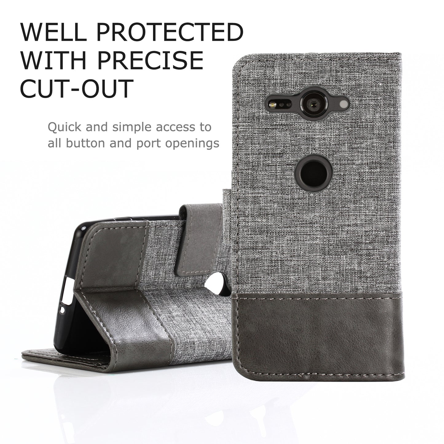 MUXMA for Sony Xperia XZ2 Compact Splicing PU Leather Canvas Wallet Stand Shell