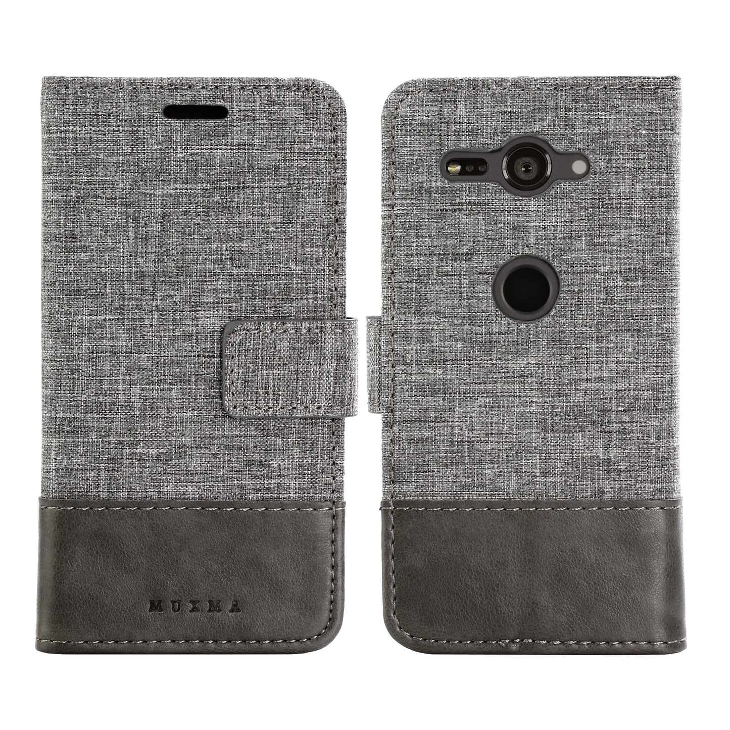 MUXMA for Sony Xperia XZ2 Compact Splicing PU Leather Canvas Wallet Stand Shell