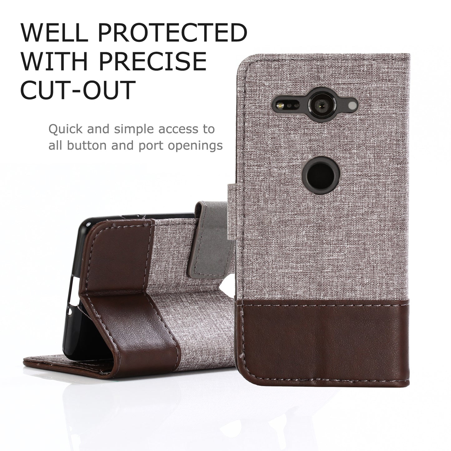 MUXMA for Sony Xperia XZ2 Compact Splicing PU Leather Canvas Wallet Stand Shell