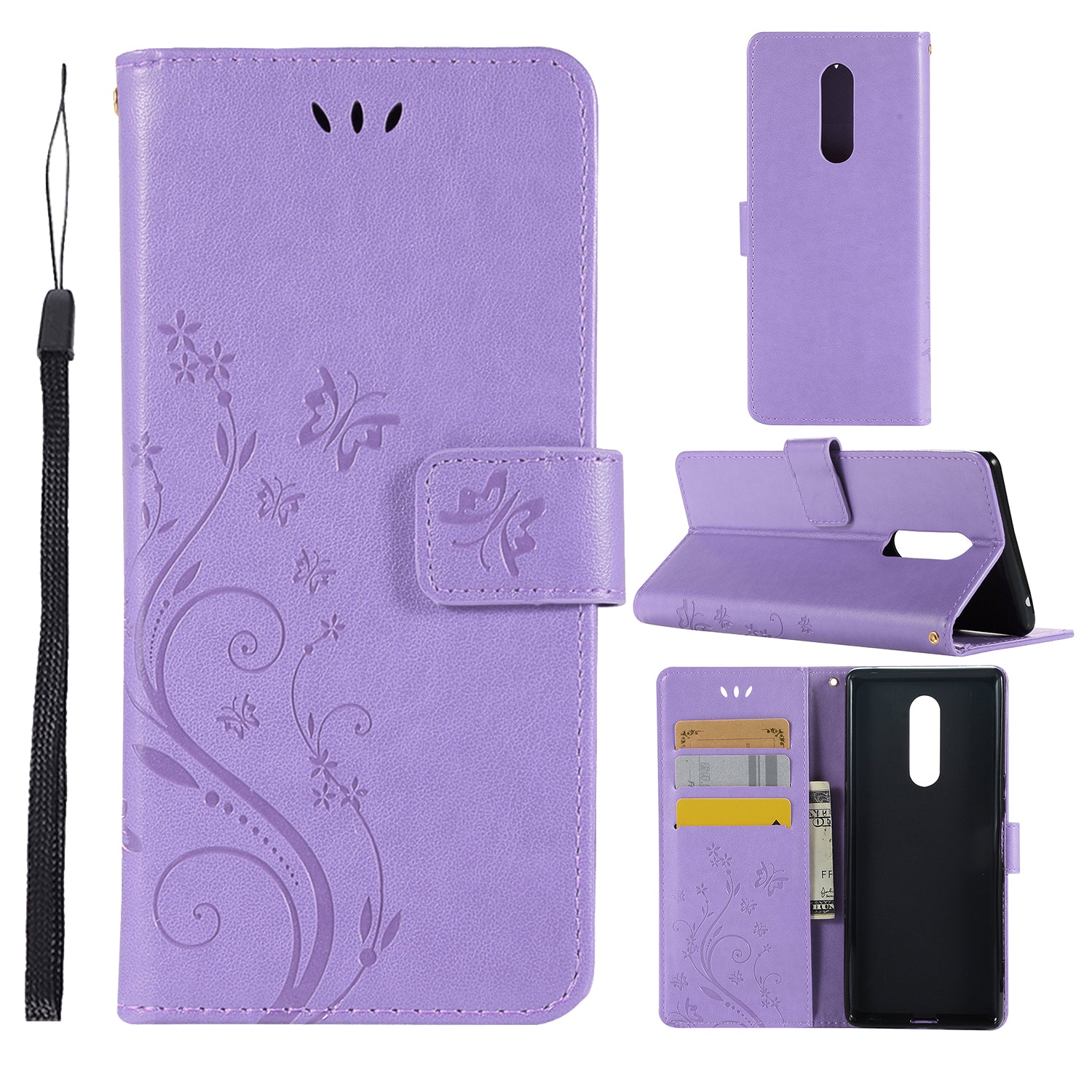 Imprint Butterfly Flower Leather Wallet Case for Sony Xperia 1