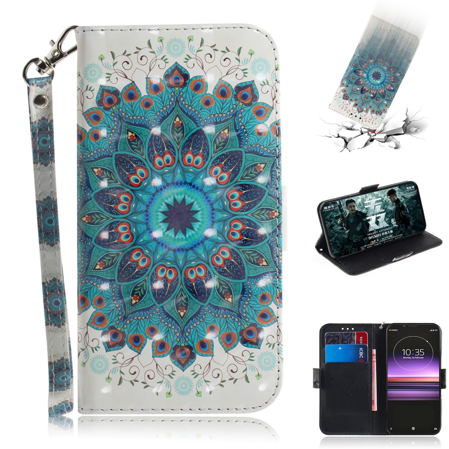 Light Spot Decor Pattern Printing PU Leather Stand Wallet Cover for Sony Xperia 1