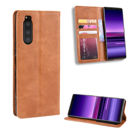 Auto-absorbed Retro Style Wallet Stand Leather Phone Cover for Sony Xperia 5