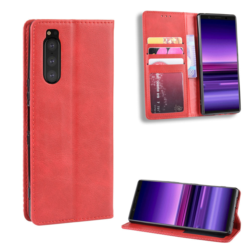 Auto-absorbed Retro Style Wallet Stand Leather Phone Cover for Sony Xperia 5