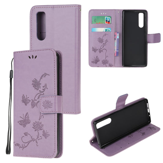 Imprint Butterfly Flower Leather Wallet Stand Case for Sony Xperia 5