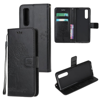 Imprint Tree Owl Leather Wallet Case for Sony Xperia 5
