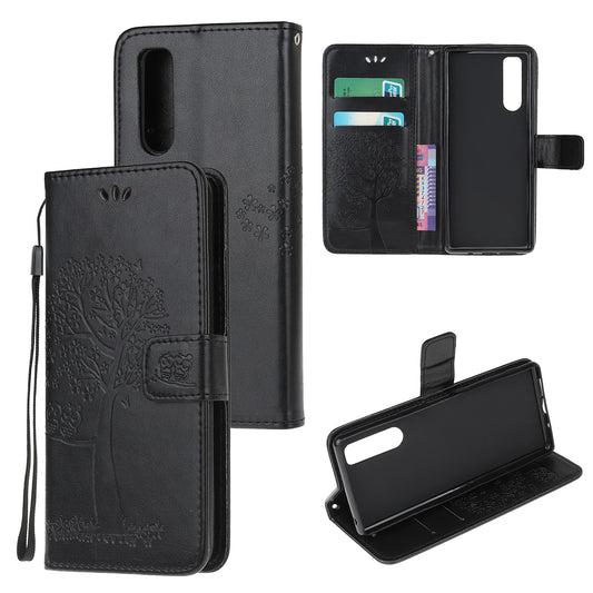 Imprint Tree Owl Leather Wallet Case for Sony Xperia 5