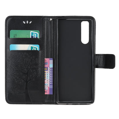 Imprint Tree Owl Leather Wallet Case for Sony Xperia 5