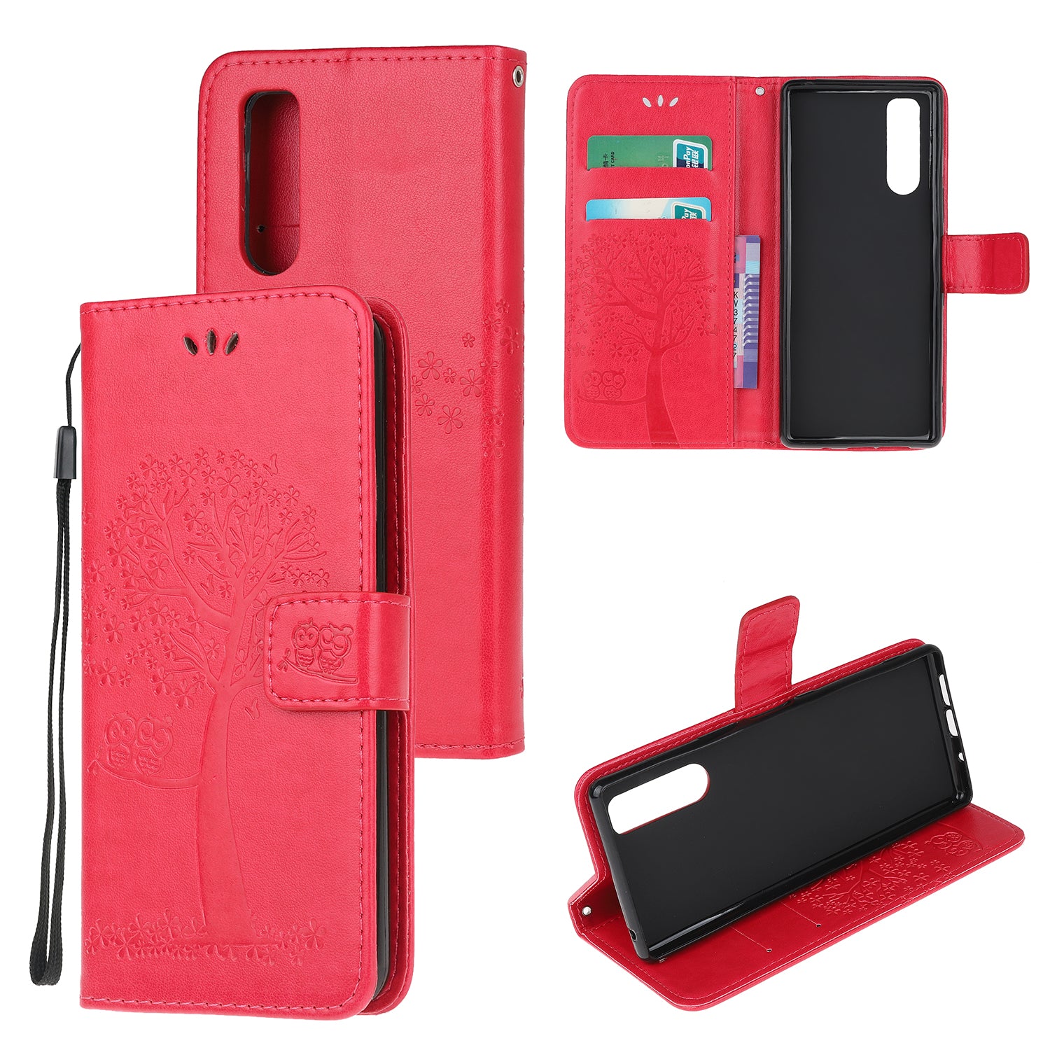 Imprint Tree Owl Leather Wallet Case for Sony Xperia 5