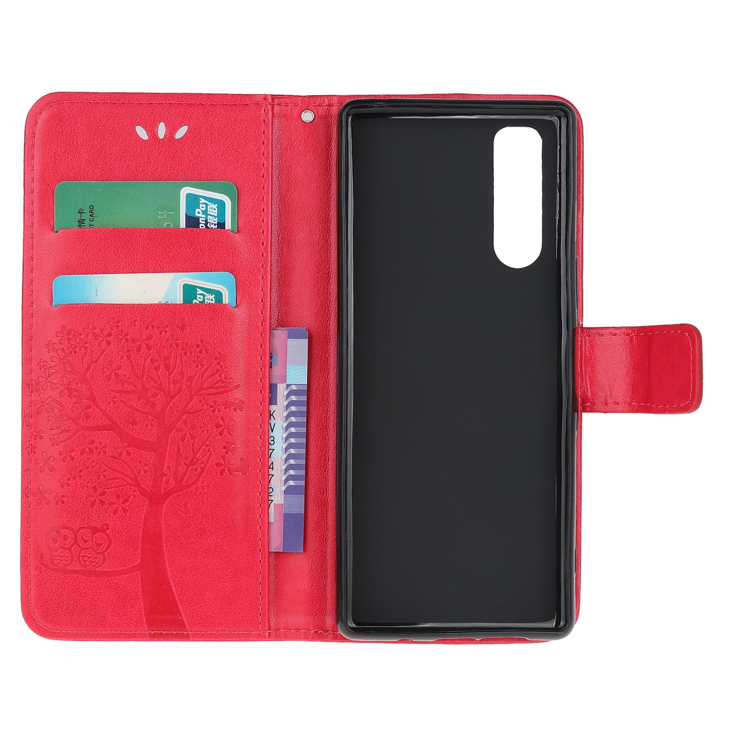 Imprint Tree Owl Leather Wallet Case for Sony Xperia 5