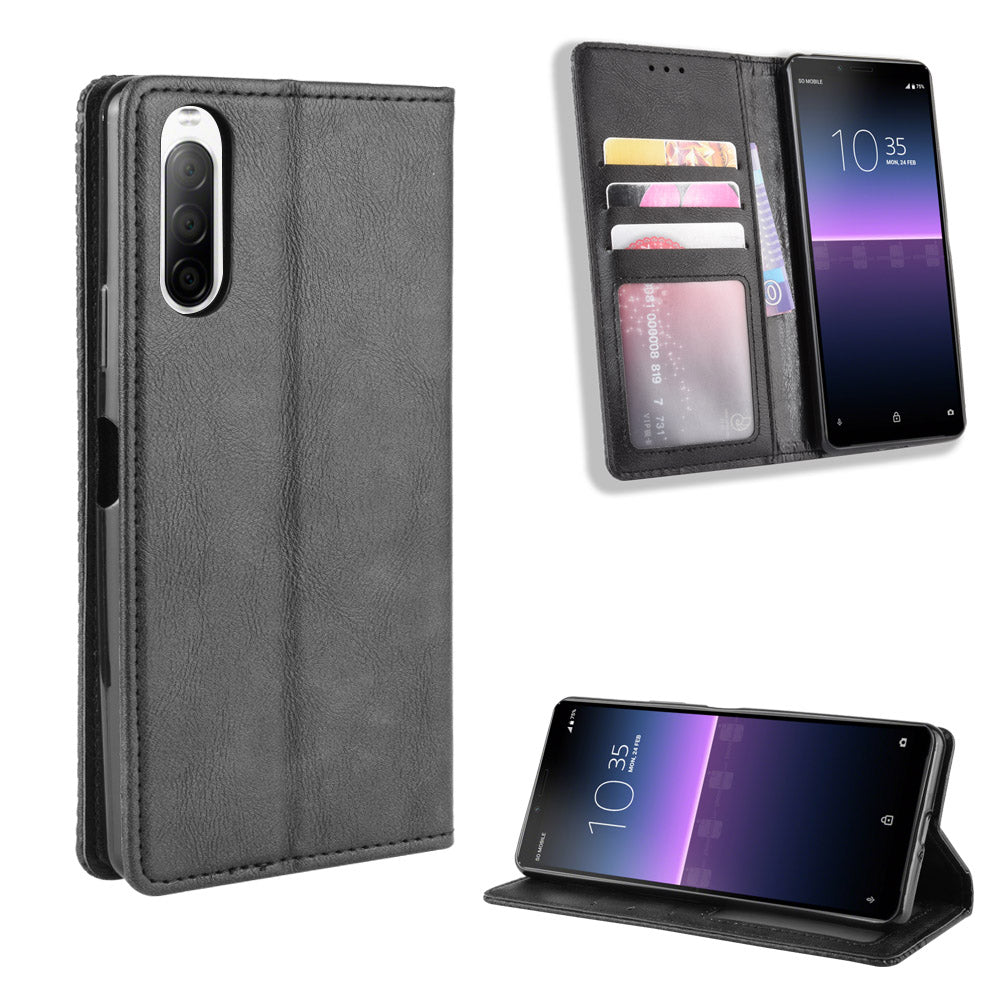 Magnetic Snap Vintage Style Leather Shell Wallet Stand Case for Sony Xperia 10 II