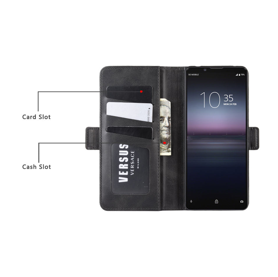 Double Clasp Flip Leather Wallet Stand Phone Cover for Sony Xperia 1 II