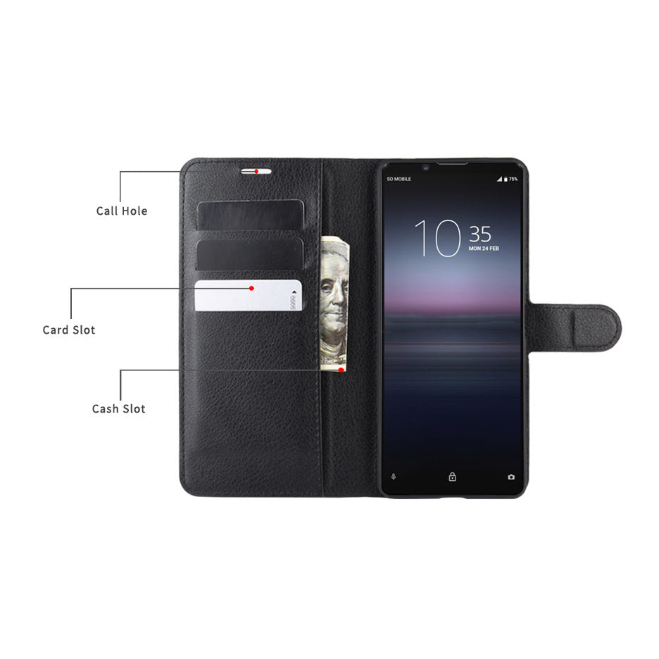 Litchi Skin Wallet Leather Stand Case for Sony Xperia 1 II