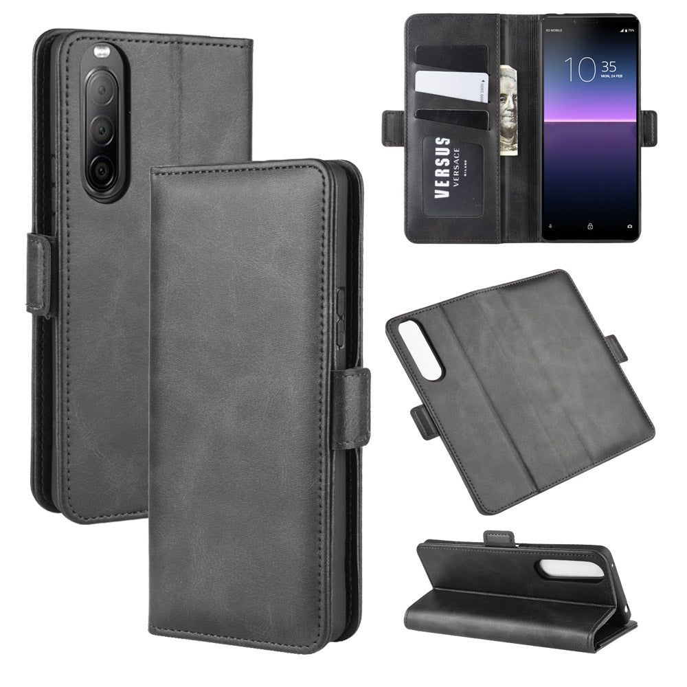 Double Clasp Flip Leather Wallet Stand Phone Shell for Sony Xperia 10 II