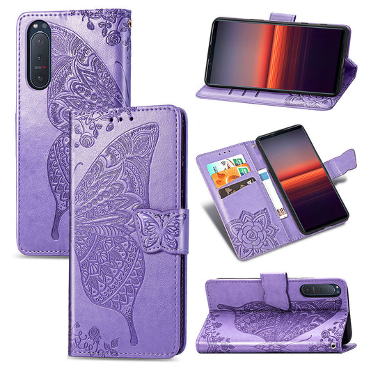 Imprint Big Butterfly Leather Wallet Phone Shell for Sony Xperia 5 II
