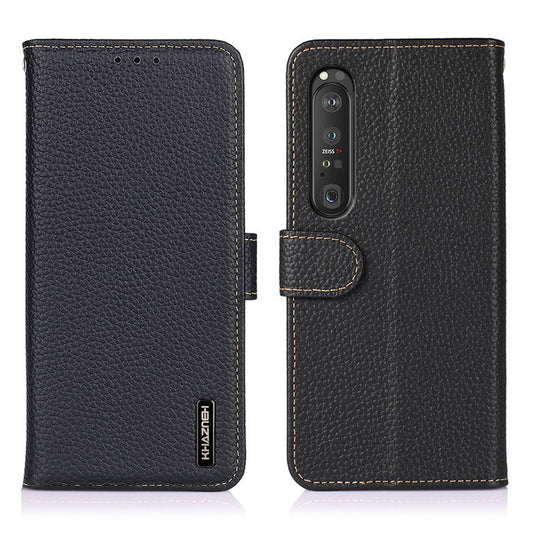 KHAZNEH for Sony Xperia 1 III 5G Wallet Design Litchi Texture Top Layer Genuine Leather Shell Cell Phone Stand Case