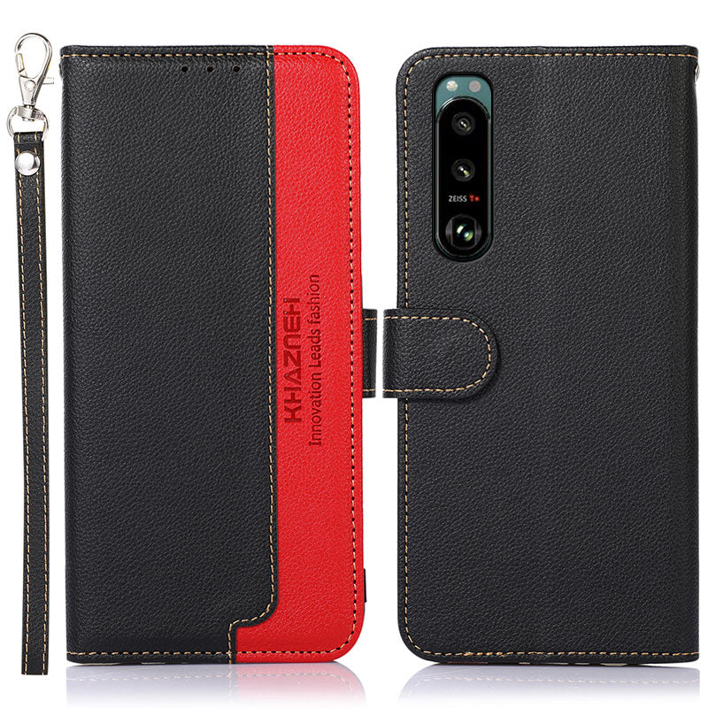 KHAZNEH Litchi Skin Design RFID Anti-theft Swiping Function Leather Phone Case Cover for Sony Xperia 5 III 5G