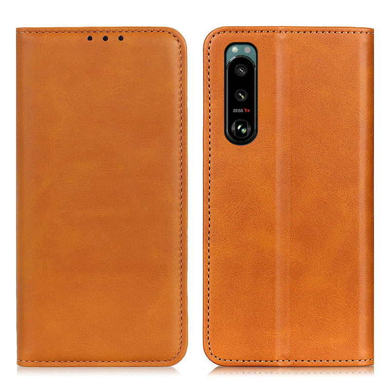 Auto-absorbed Split Leather Wallet Phone Cover with Stand Shell for Sony Xperia 5 III 5G