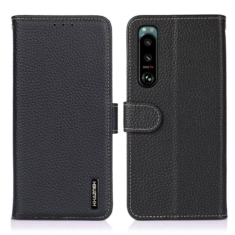 KHAZNEH Litchi Skin Surface Top Layer Genuine Leather Wallet Cover Case for Sony Xperia 5 III 5G