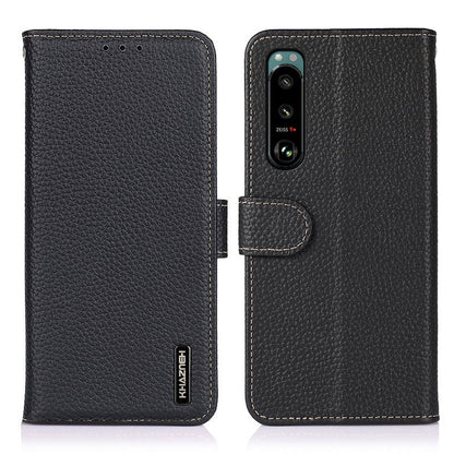 KHAZNEH Litchi Skin Surface Top Layer Genuine Leather Wallet Cover Case for Sony Xperia 5 III 5G