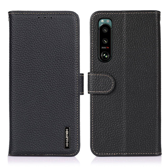 KHAZNEH Litchi Skin Surface Top Layer Genuine Leather Wallet Cover Case for Sony Xperia 5 III 5G