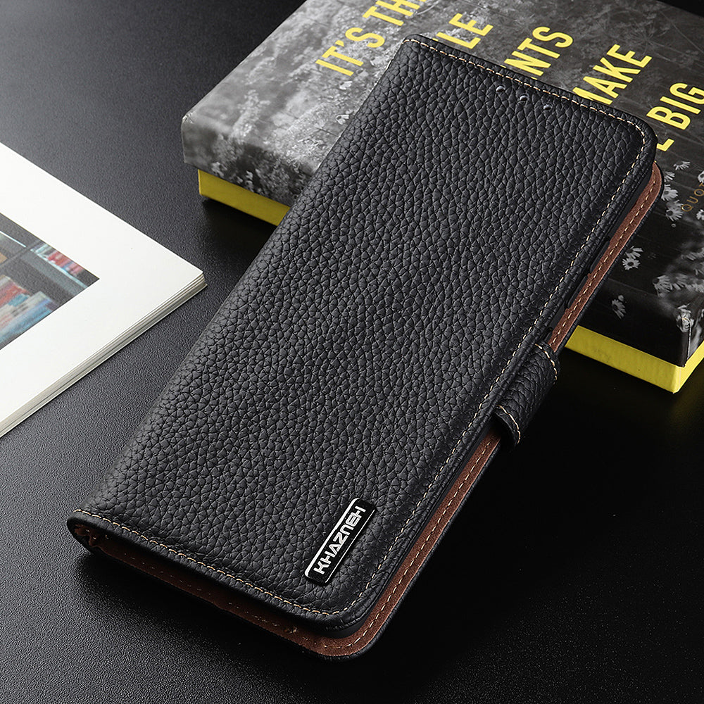 KHAZNEH Litchi Skin Surface Top Layer Genuine Leather Wallet Cover Case for Sony Xperia 5 III 5G