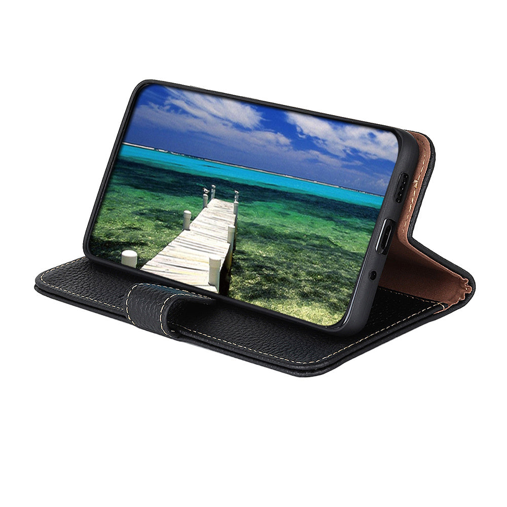 KHAZNEH Litchi Skin Surface Top Layer Genuine Leather Wallet Cover Case for Sony Xperia 5 III 5G