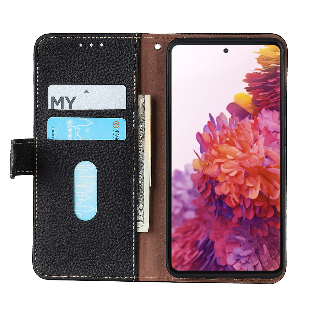 KHAZNEH Litchi Skin Surface Top Layer Genuine Leather Wallet Cover Case for Sony Xperia 5 III 5G