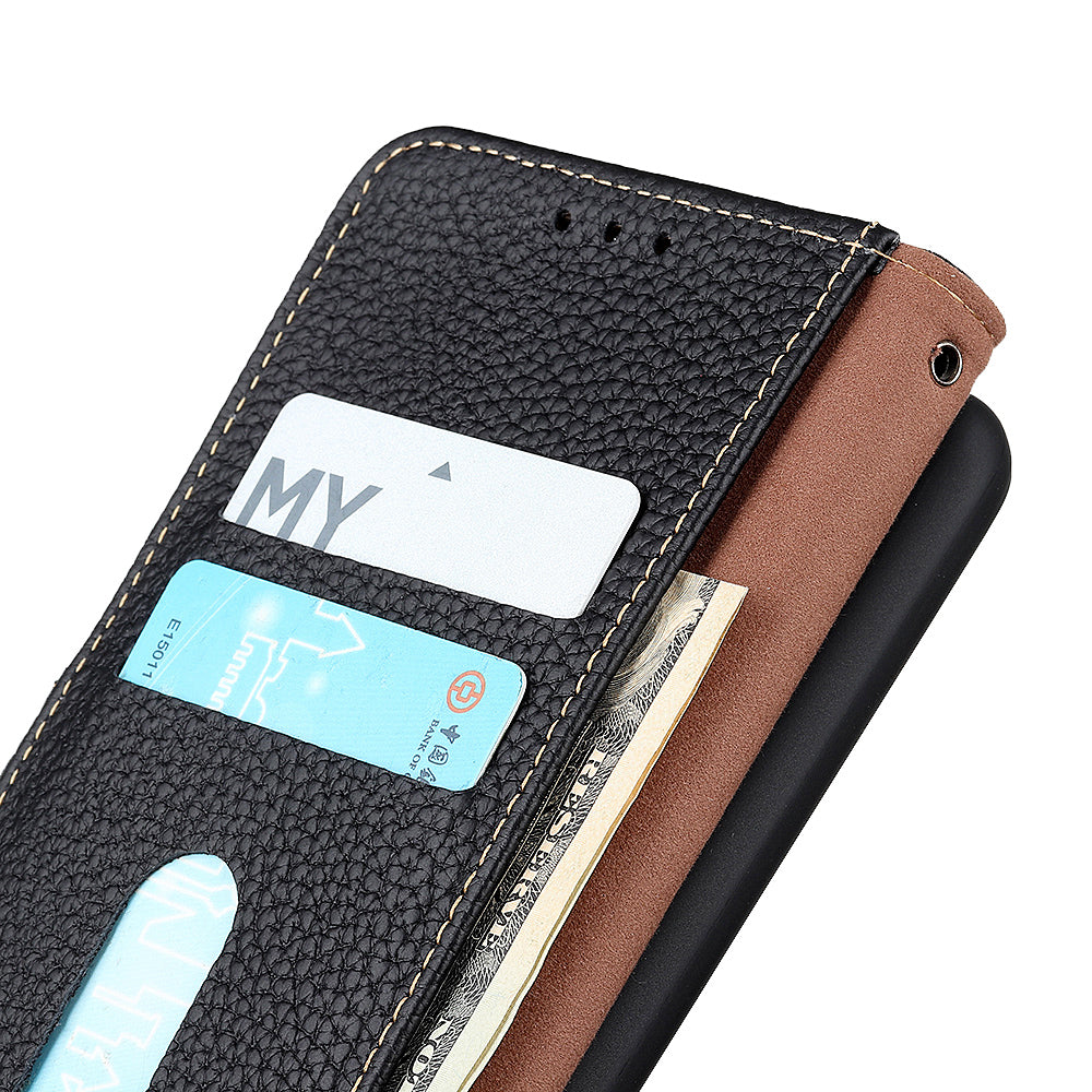 KHAZNEH Litchi Skin Surface Top Layer Genuine Leather Wallet Cover Case for Sony Xperia 5 III 5G