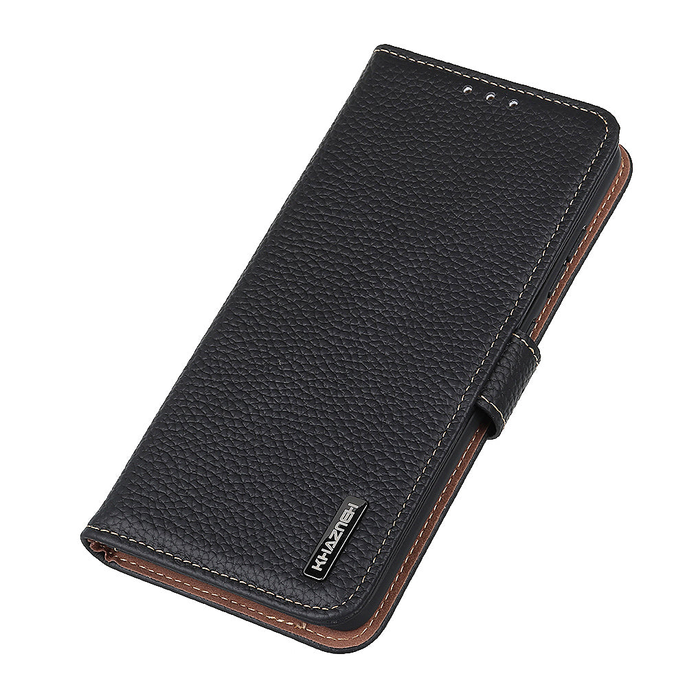 KHAZNEH Litchi Skin Surface Top Layer Genuine Leather Wallet Cover Case for Sony Xperia 5 III 5G