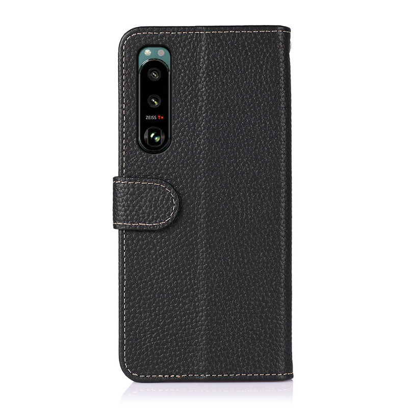 KHAZNEH Litchi Skin Surface Top Layer Genuine Leather Wallet Cover Case for Sony Xperia 5 III 5G