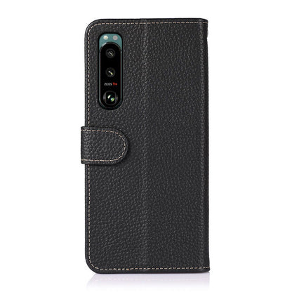 KHAZNEH Litchi Skin Surface Top Layer Genuine Leather Wallet Cover Case for Sony Xperia 5 III 5G