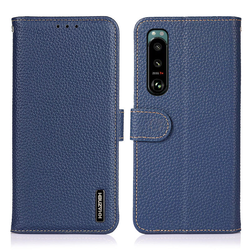 KHAZNEH Litchi Skin Surface Top Layer Genuine Leather Wallet Cover Case for Sony Xperia 5 III 5G