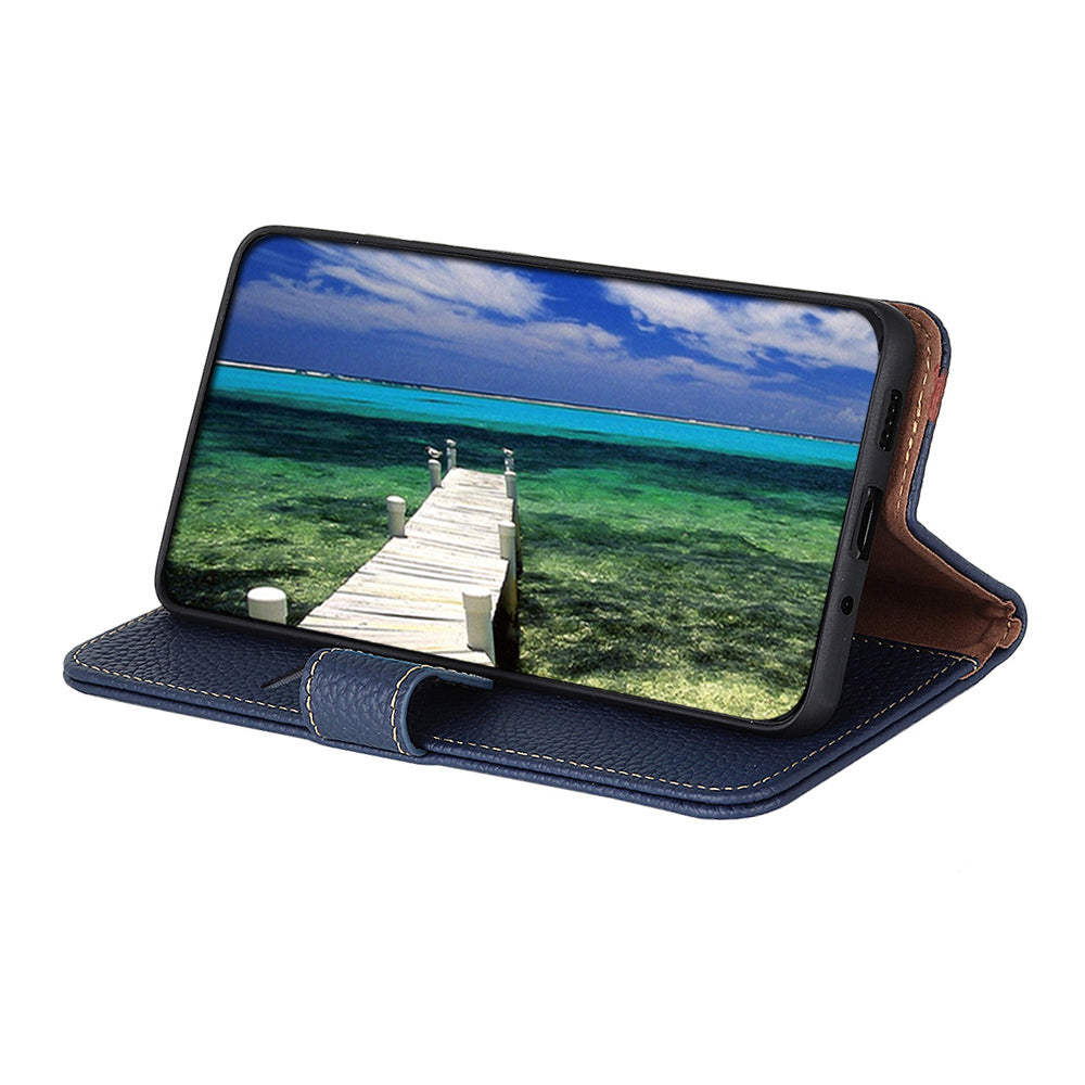 KHAZNEH Litchi Skin Surface Top Layer Genuine Leather Wallet Cover Case for Sony Xperia 5 III 5G