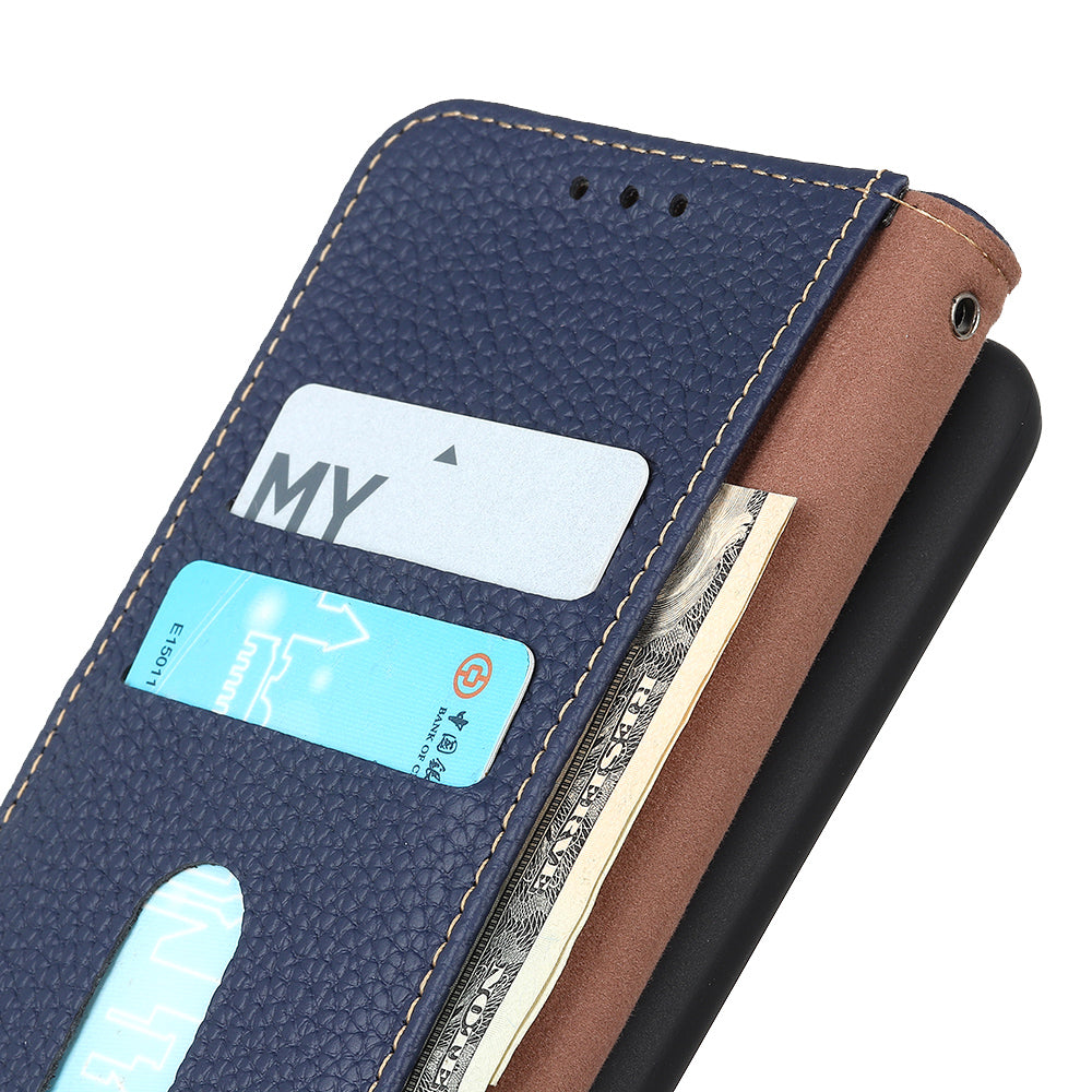 KHAZNEH Litchi Skin Surface Top Layer Genuine Leather Wallet Cover Case for Sony Xperia 5 III 5G