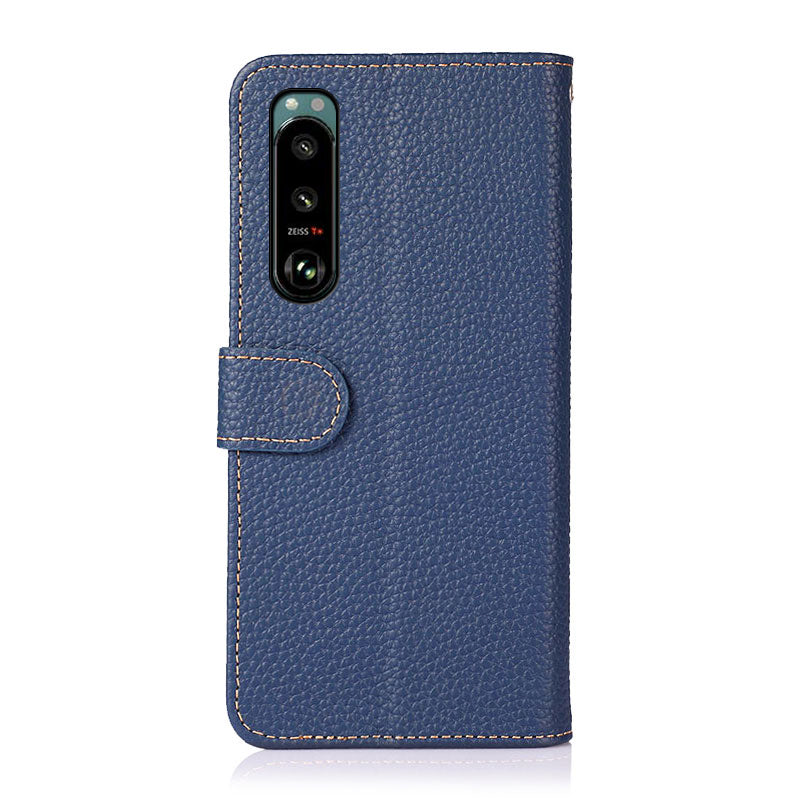 KHAZNEH Litchi Skin Surface Top Layer Genuine Leather Wallet Cover Case for Sony Xperia 5 III 5G
